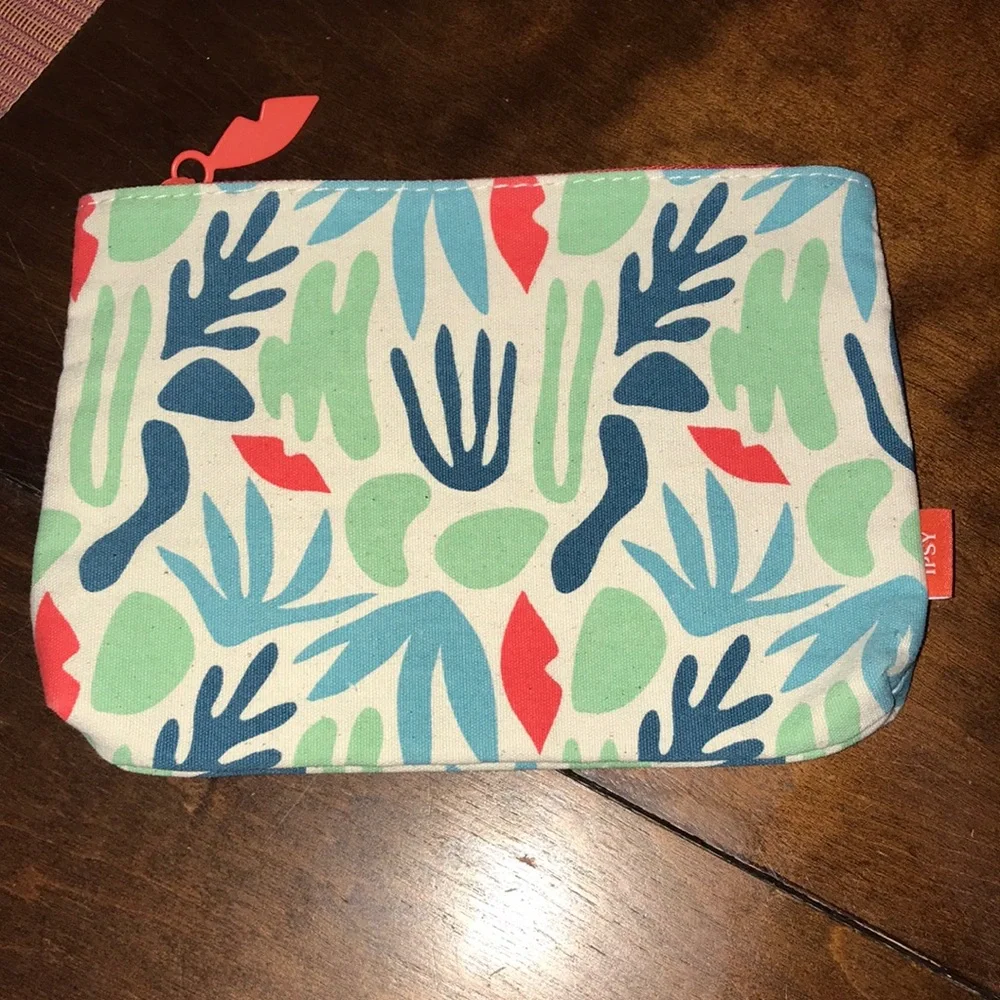 IPSY Cloth Lips and Plant Print Zippered Makeup Cosmetic Bag
